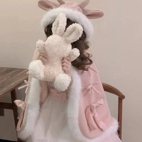 Load image into Gallery viewer, Kawaii Fur Patchwork Loose Sweet Hooded Cloak Coats Japanese Lolita Bandage Cete Jackets Y2k Aesthetic Grunge Bow Women Tops
