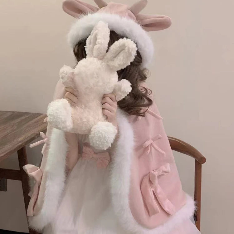 Kawaii Fur Patchwork Loose Sweet Hooded Cloak Coats Japanese Lolita Bandage Cete Jackets Y2k Aesthetic Grunge Bow Women Tops