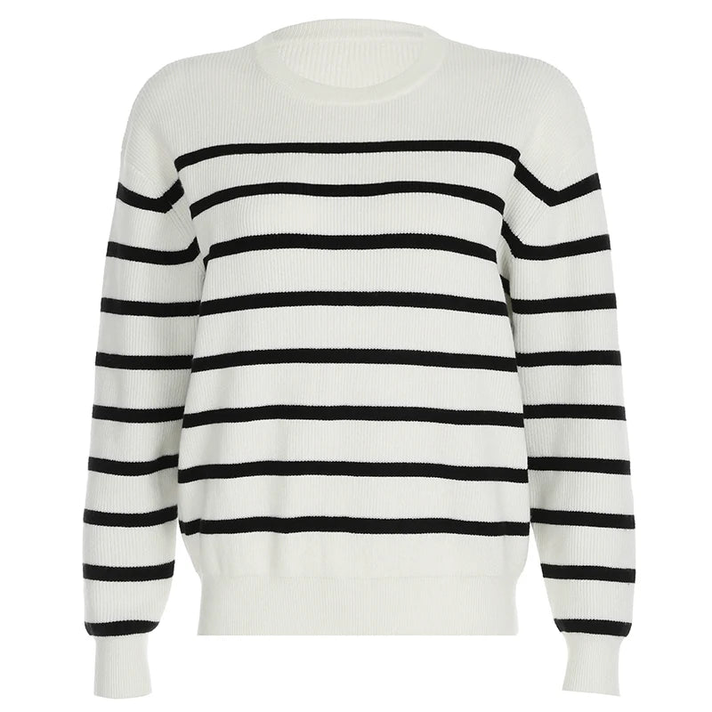 Casual Oversized Striped Autumn Pullover For Women Winter Warm Sweaters Basic Knitting Simplicity Jummpers Round Neck