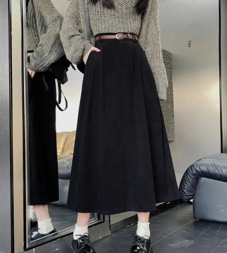 Korean Women's Brown Skirt 2023 Autumn Winter Black High-waisted Corduroy Long Skirt Ladies College Style Pleated A-line Skirts
