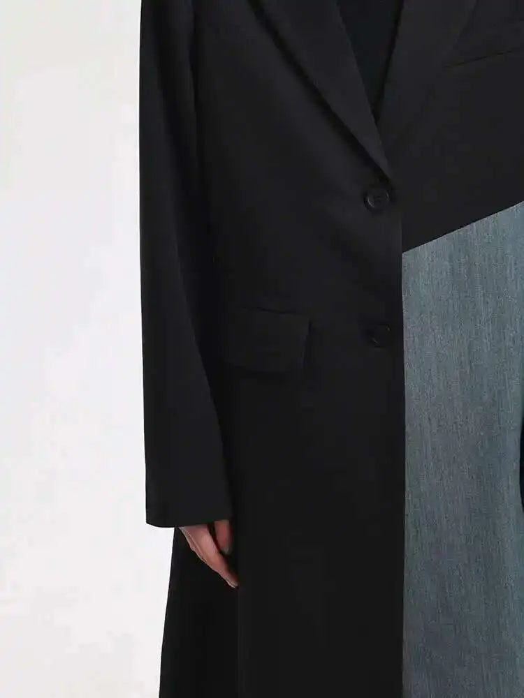 Women Black Denim Color-block Long Big Size Blazer New Lapel Long Sleeve Jacket Fashion Tide Spring Autumn 2025 26D810401