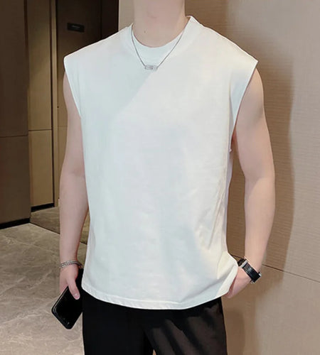 Small Neckline Vest Men's Summer Simple Breathable Solid Color Sleeveless T-shirt Trendy Round Collar Top 9C5524