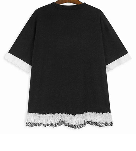 Women Black White Lace Color-block Big Size T-shirt New Round Neck Half Sleeve Fashion Tide Spring Summer 2025 1DH9816