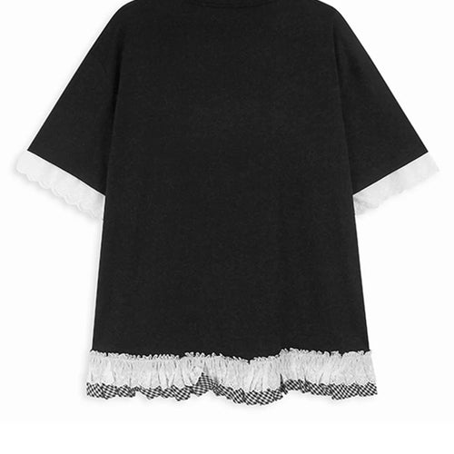 Load image into Gallery viewer, Women Black White Lace Color-block Big Size T-shirt New Round Neck Half Sleeve Fashion Tide Spring Summer 2025 1DH9816
