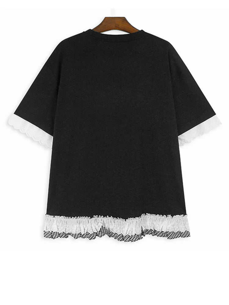 Women Black White Lace Color-block Big Size T-shirt New Round Neck Half Sleeve Fashion Tide Spring Summer 2025 1DH9816