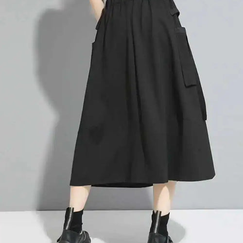Load image into Gallery viewer, Hight Elastic Waist Black Pockets Ribbon Long Casual Half-body Skirt Women Fashion Tide New Spring Autumn 2025 1DF5316

