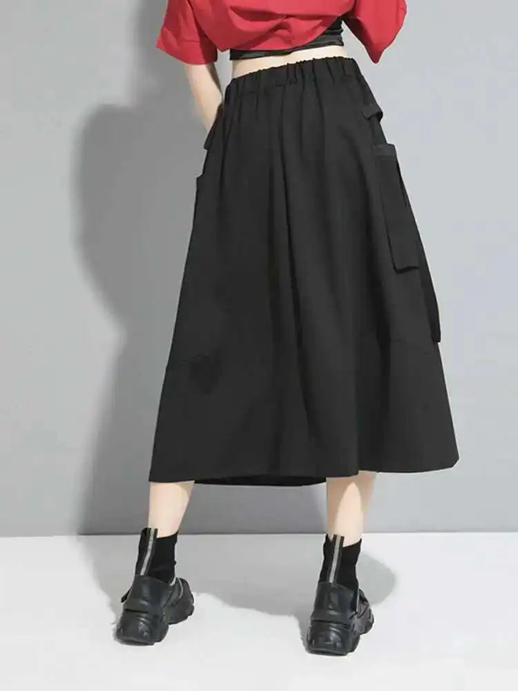 Hight Elastic Waist Black Pockets Ribbon Long Casual Half-body Skirt Women Fashion Tide New Spring Autumn 2025 1DF5316