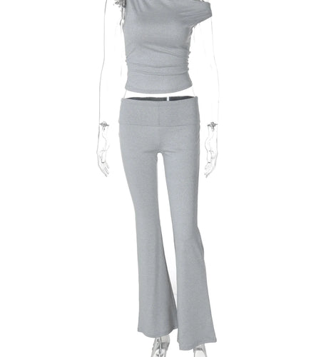 Fashion 2 Pcs Sets Solid Skew Collar Irregular Sexy Crop Tank Top Flare Pants Women Casual Outfits Festival Party