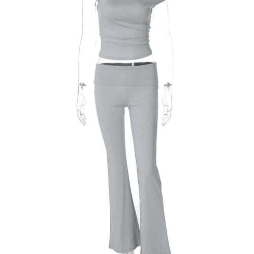 Load image into Gallery viewer, Fashion 2 Pcs Sets Solid Skew Collar Irregular Sexy Crop Tank Top Flare Pants Women Casual Outfits Festival Party
