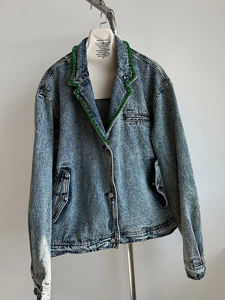 Blue Denim Rhinestones Big Size Casual Jacket New Lapel Long Sleeve Women Coat Fashion Tide Spring Autumn 2025 1DH9669