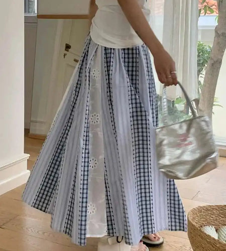 High Elastic Waist Blue Plaid Lace Color-block A-line Half-body Skirt Women Fashion Tide New Spring Autumn 2025 1DJ0356