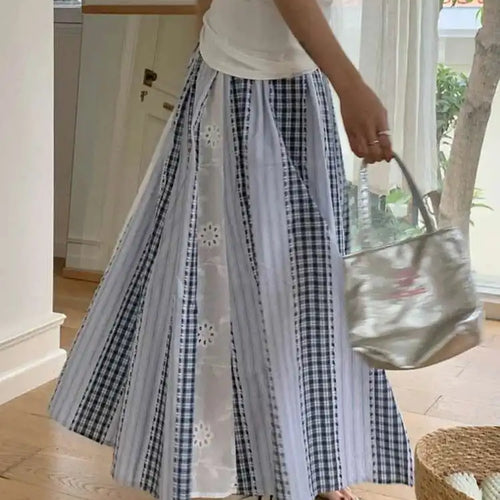 Load image into Gallery viewer, High Elastic Waist Blue Plaid Lace Color-block A-line Half-body Skirt Women Fashion Tide New Spring Autumn 2025 1DJ0356

