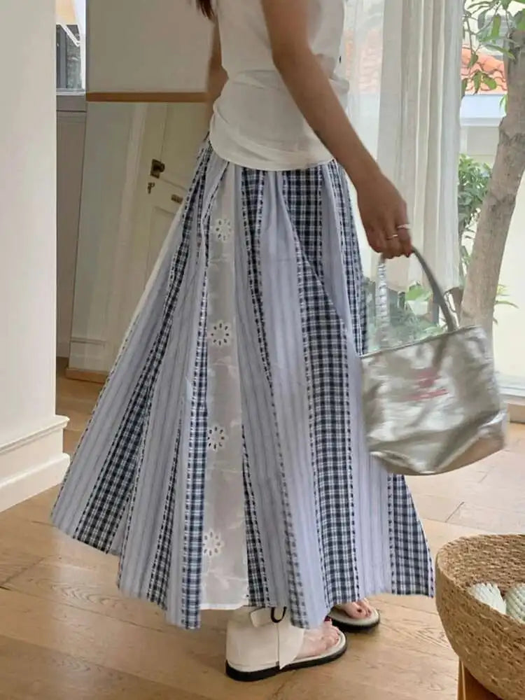 High Elastic Waist Blue Plaid Lace Color-block A-line Half-body Skirt Women Fashion Tide New Spring Autumn 2025 1DJ0356