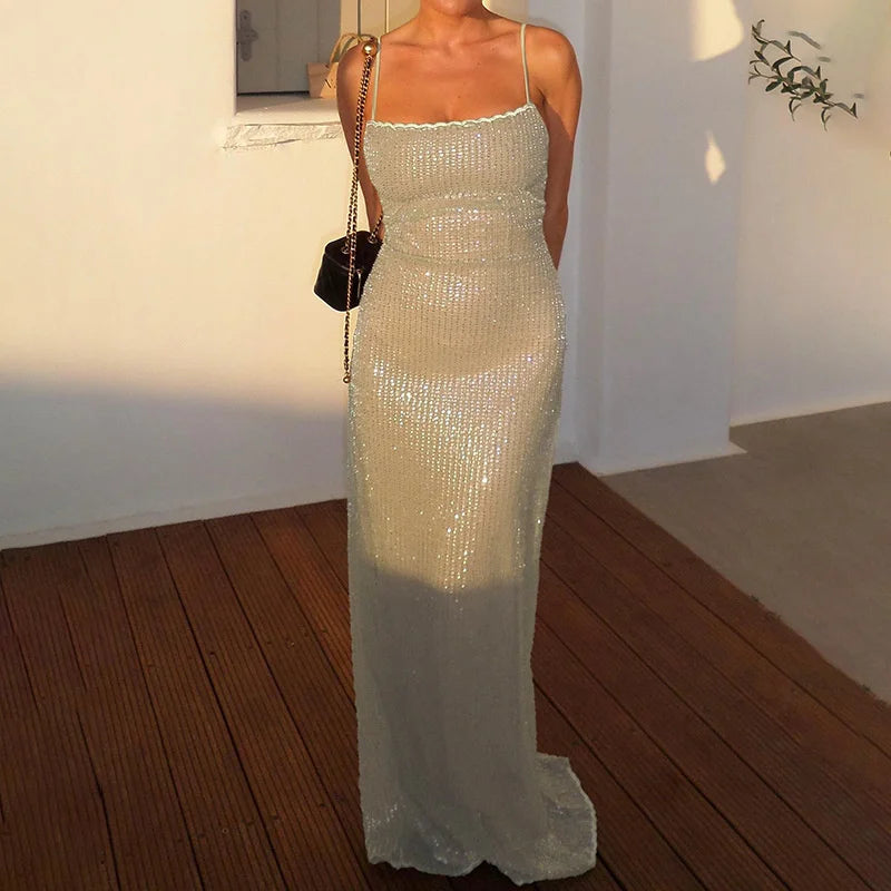 Spaghetti Strap Sparkle Maxi Dress Women Glitter Elegant Split Sleeveless Long Dress Fashion Sexy Party Club Dress