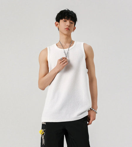 Loose Male Vest Loose Stripe Sleeveless T-shirt Pullover Solid Color T-shirts Men's Casual Top Summer Trend Handsome 9W1297