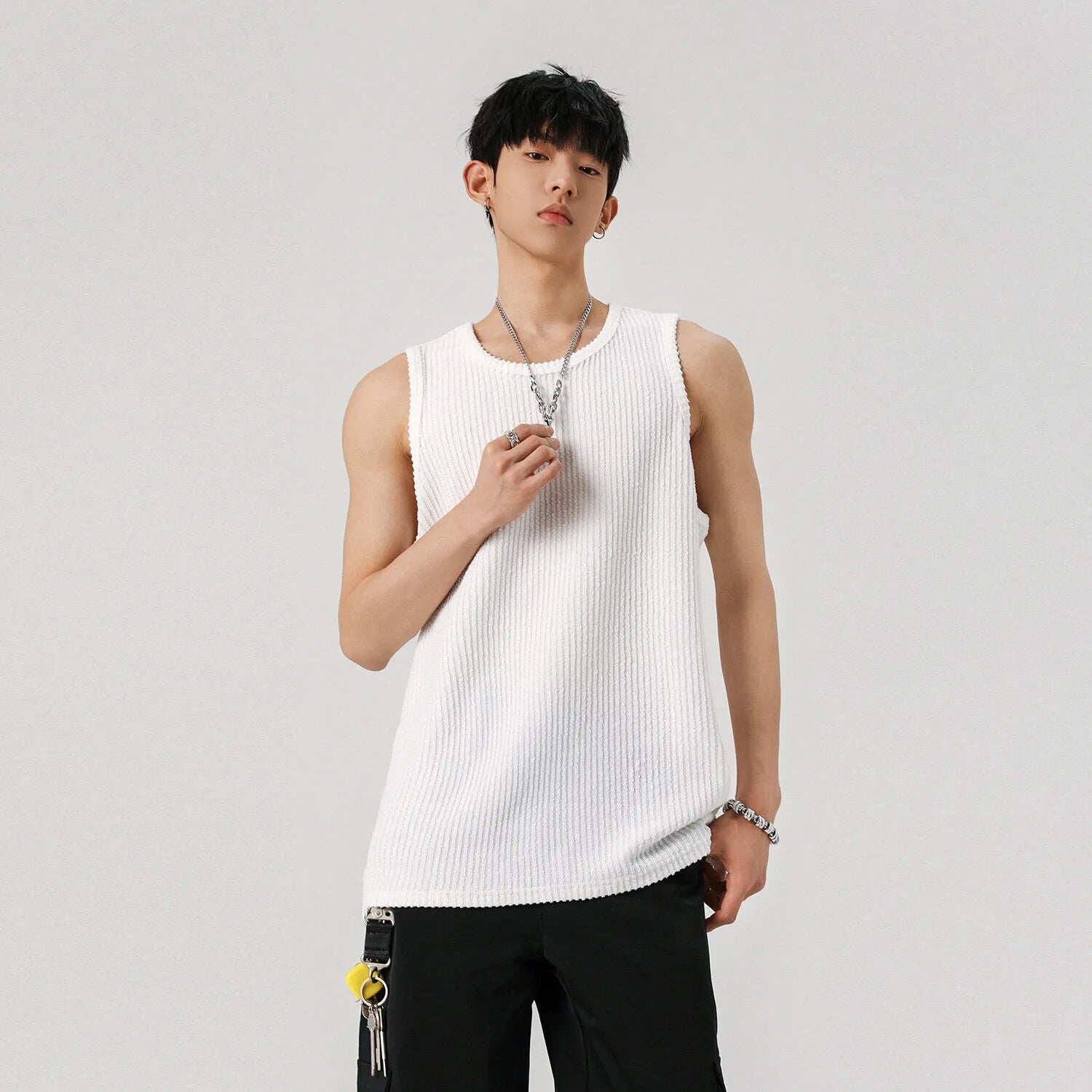 Loose Male Vest Loose Stripe Sleeveless T-shirt Pullover Solid Color T-shirts Men's Casual Top Summer Trend Handsome 9W1297