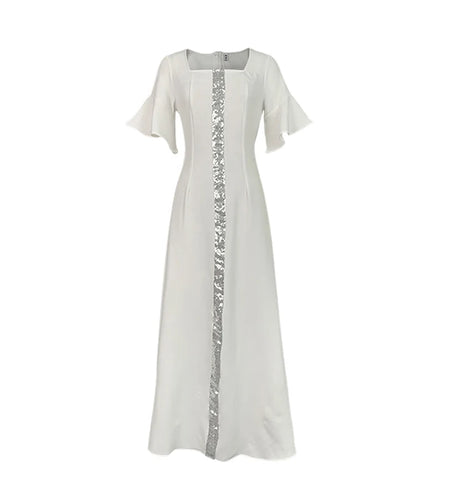 Summer Muslim Dresses for Woman Elegant Short Sleeves Shiny Flared Sleeves Dubai Abaya Saudi Arabia Maxi Dress