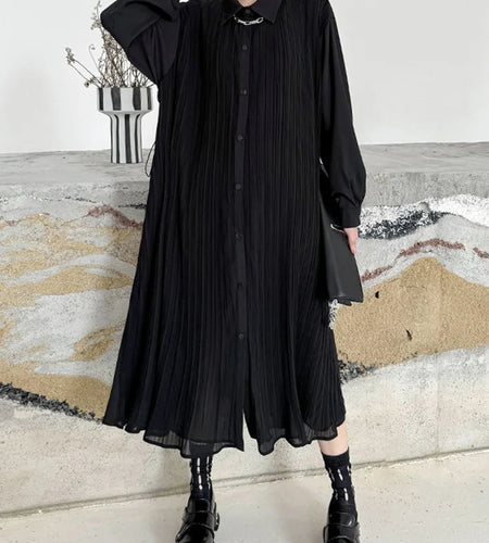 Women Black Brief Pleated Elegant Big Size Midi Shirt Dress New Lapel Long Sleeve Fashion Tide Spring Autumn 2025 1DJ0072