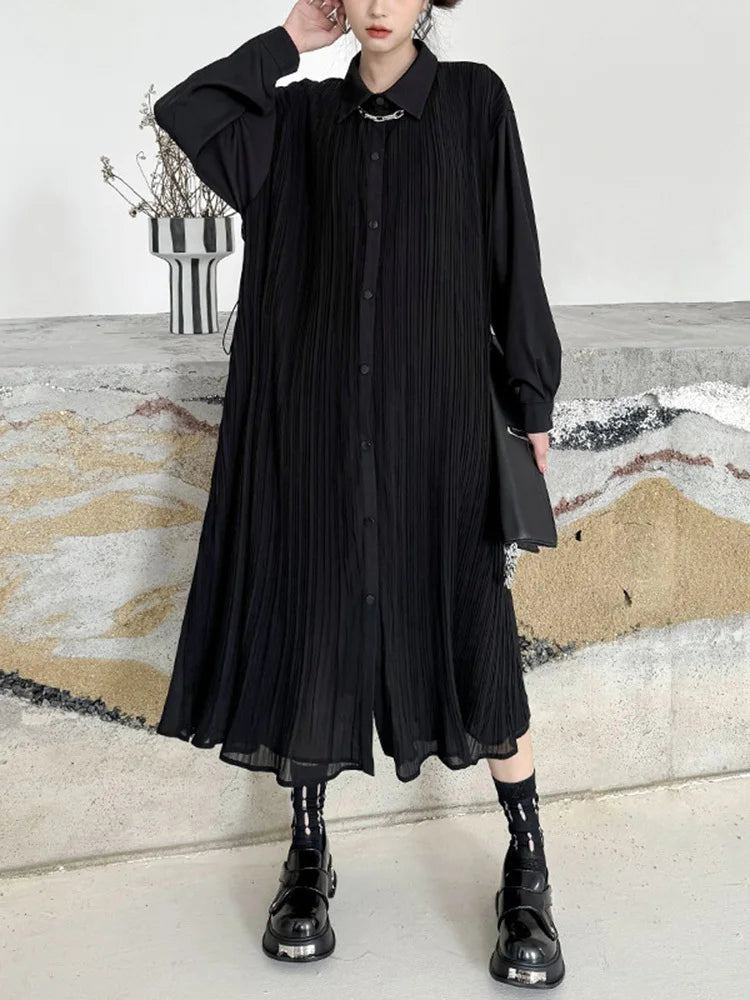 Women Black Brief Pleated Elegant Big Size Midi Shirt Dress New Lapel Long Sleeve Fashion Tide Spring Autumn 2025 1DJ0072