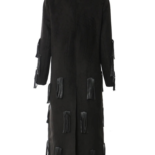 Load image into Gallery viewer, Women Black Pu Leather Tassels Big size long Trench New Lapel Long Sleeve Windbreaker Fashion Spring Autumn 2025 1DH4394
