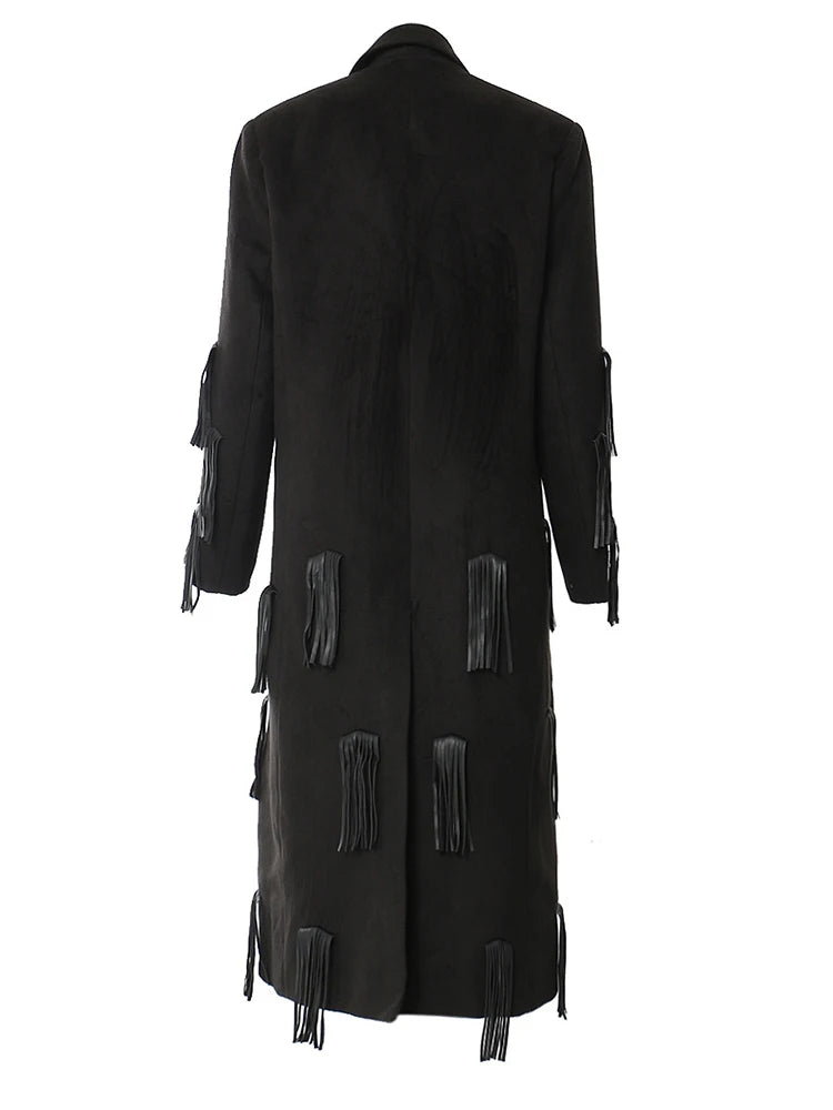 Women Black Pu Leather Tassels Big size long Trench New Lapel Long Sleeve Windbreaker Fashion Spring Autumn 2025 1DH4394