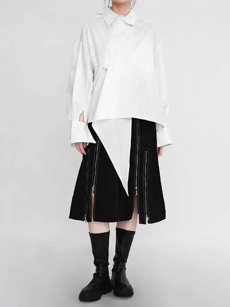 Women White Irregular Big Size Blouse New Lapel Long Sleeve Loose Fit Shirt Fashion Tide Spring Autumn 2025 1DE029900