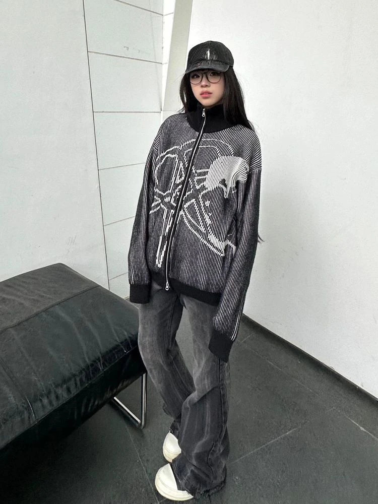 2025 Vintage Star Jacquard Y2k Aesthetic Jacket Women Men Double Zipper Casual Jackets Oversized Harajuku Stand Neck Grunge Coat
