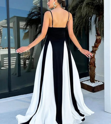 Patchwork Spaghetti Strap Maxi Dress For Women Color Contrast Slipdress Ladies Sleeveless Backless Loose Long Dress
