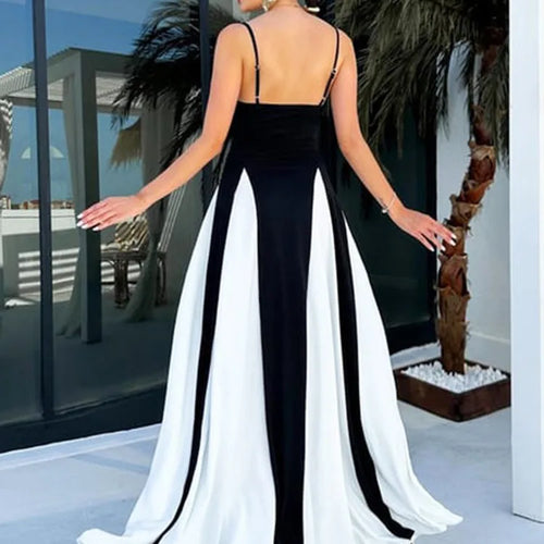 Load image into Gallery viewer, Patchwork Spaghetti Strap Maxi Dress For Women Color Contrast Slipdress Ladies Sleeveless Backless Loose Long Dress
