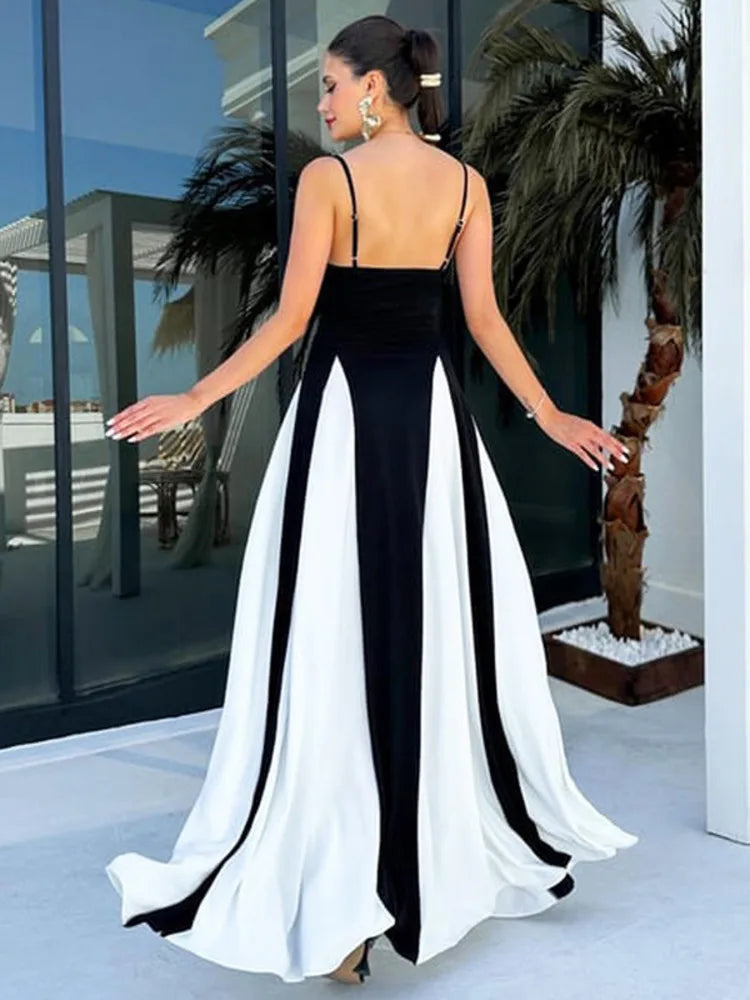 Patchwork Spaghetti Strap Maxi Dress For Women Color Contrast Slipdress Ladies Sleeveless Backless Loose Long Dress