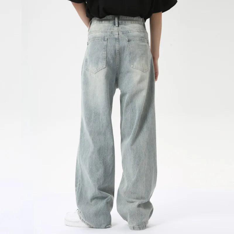 High Street Men's Jeans Casual Washed Light Straight Male Denim Pants Wide Leg Loose Trousers Chic Summer 9C6317