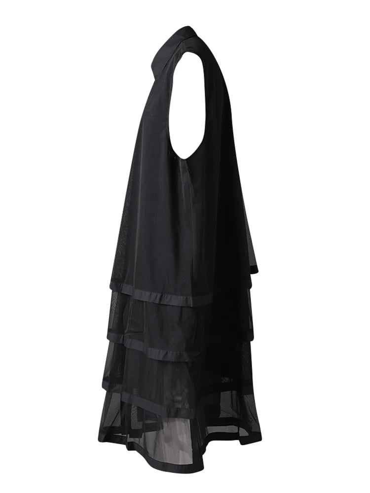 Women Black Layers Mesh Big Size Midi Vest Shirt Dress New Lapel Sleeveless Fashion Tide Spring Summer 2025 1DH9472