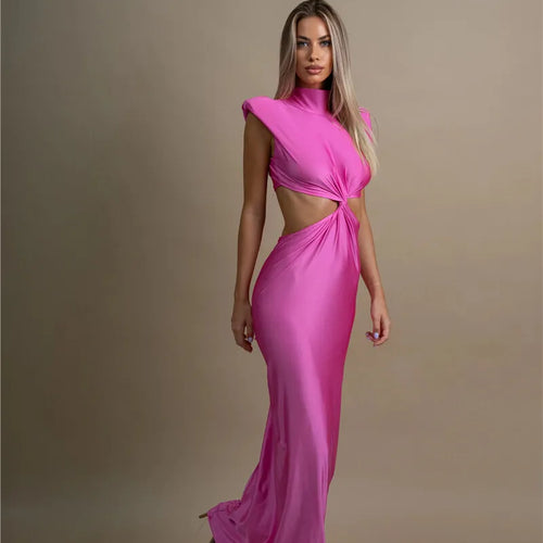 Load image into Gallery viewer, Hollow Out Turtleneck Sexy Maxi Dress For Women Fashion Solid Sleeveless Bodycon Tank Dresses Femme Club Party Dress
