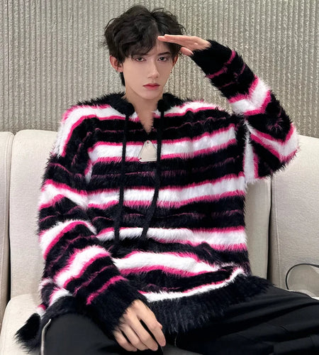 Korean Style Men's Sweaters V-neck Drawstring Patwork Striped Contrast Color Casual Knitting Pullover Male Tops New 9C4116