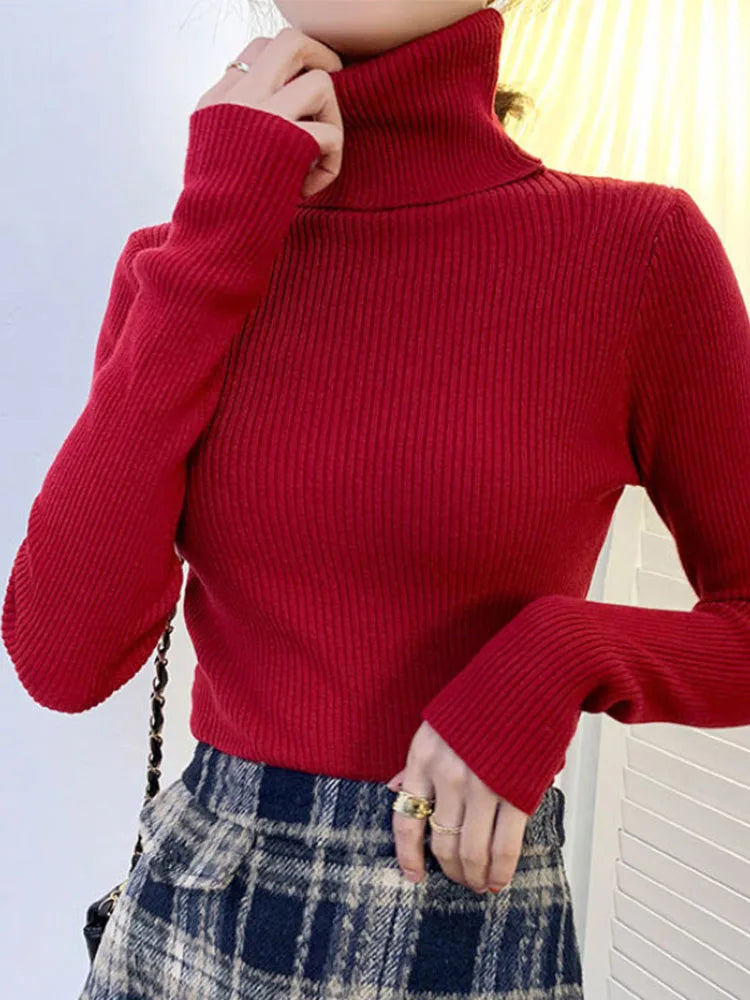 New 2025 Women Pullover Turtleneck Sweater Autumn Long Sleeve Slim Elastic Korean Simple Basic Cheap Jumper Solid Color Top