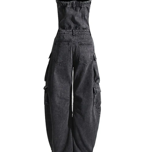 Load image into Gallery viewer, Streetwear Denim Jumpsuits For Women Slash Neck Sleeveless High Waist Spliced More Than A Pocket Loose Jumpsuit Female
