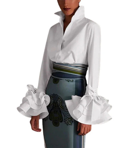 Fashion Elegant Blouses Bow-Embellished Falbala Solid Color Flared Sleeves Lapel Shirts Tops For Women