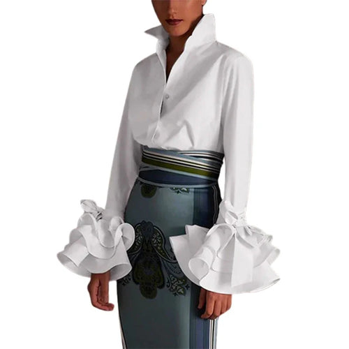 Load image into Gallery viewer, Fashion Elegant Blouses Bow-Embellished Falbala Solid Color Flared Sleeves Lapel Shirts Tops For Women
