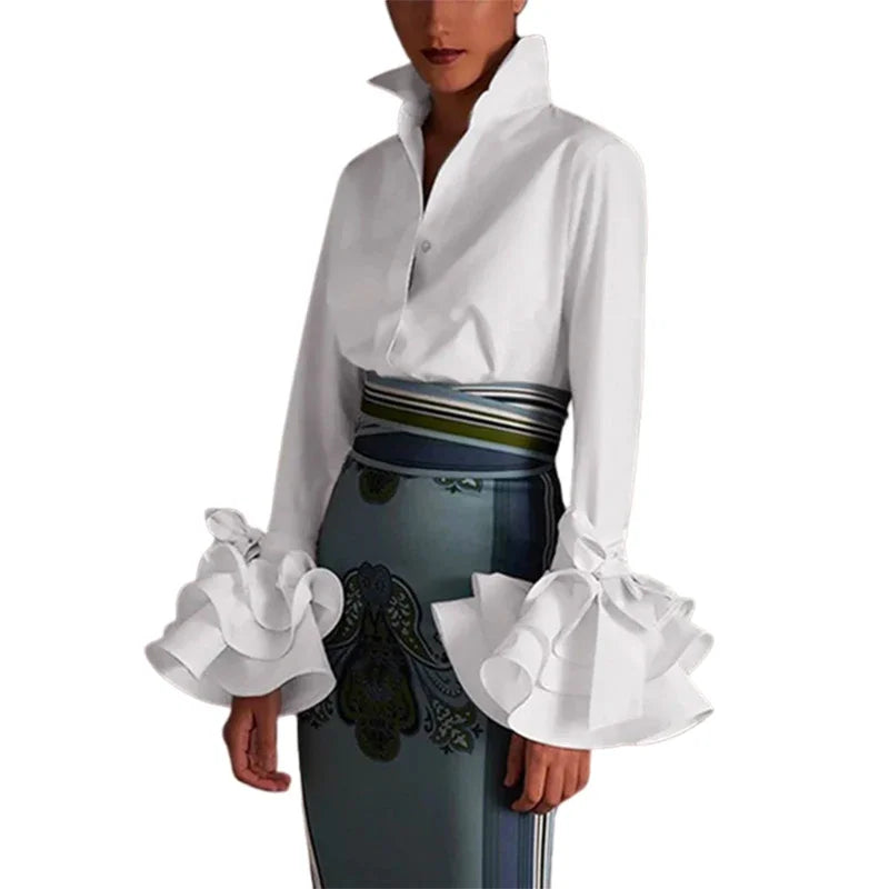 Fashion Elegant Blouses Bow-Embellished Falbala Solid Color Flared Sleeves Lapel Shirts Tops For Women