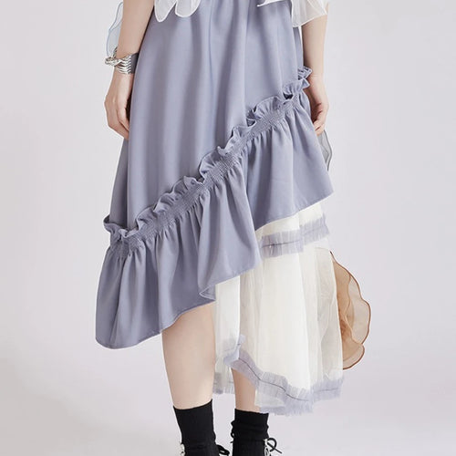 Load image into Gallery viewer, Hit Color Sheer Spliced Mesh Irregular Skirts for Women High Waist Patchwork 3D Flower Design Sense Skirt Female
