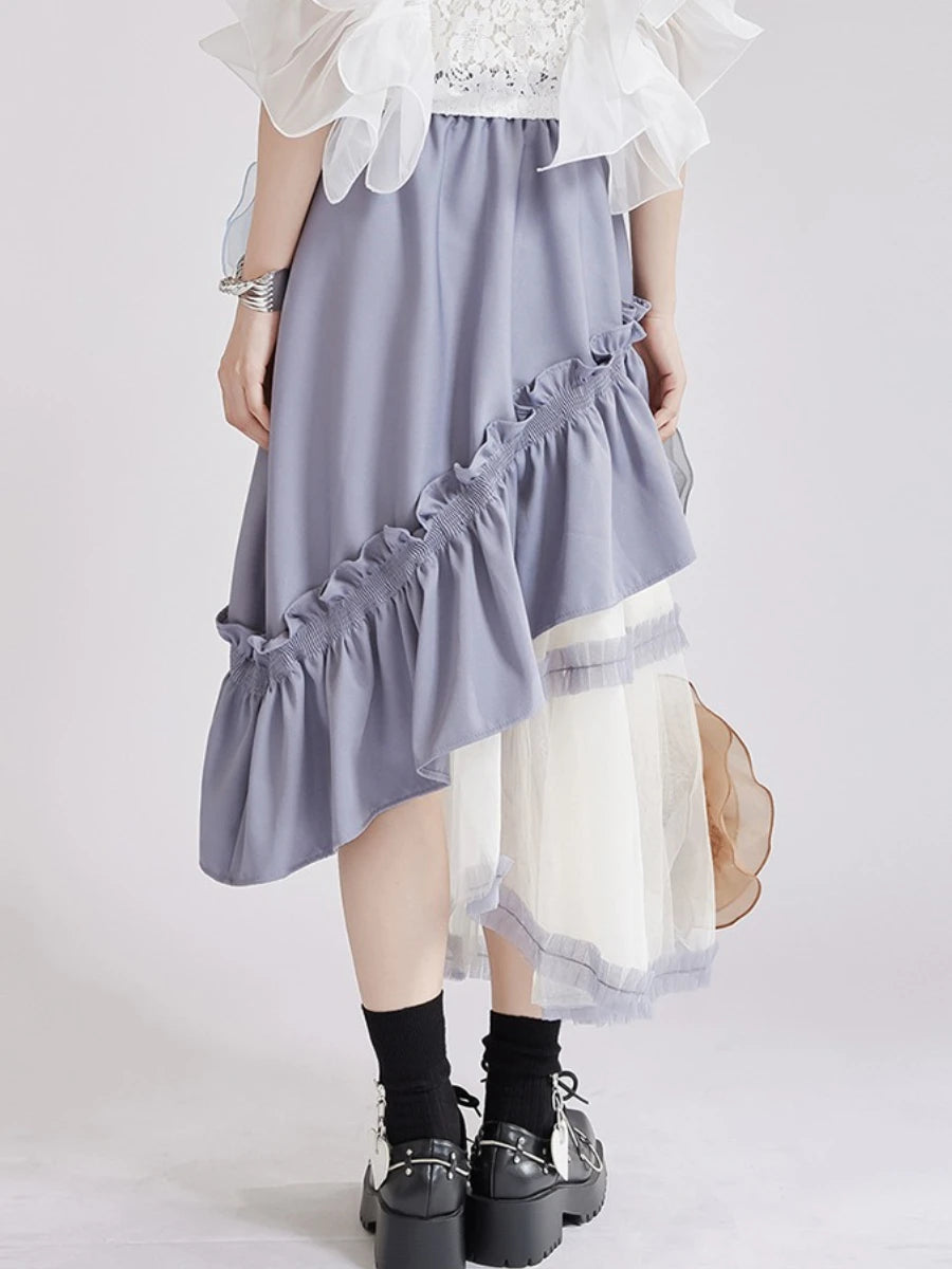 Hit Color Sheer Spliced Mesh Irregular Skirts for Women High Waist Patchwork 3D Flower Design Sense Skirt Female