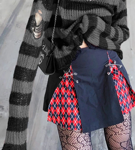 Striped Women's Crop Sweater Punk Streetwear Korean Style Hole Thin Knitted  Gothic Long Sleeve Y2k Pullover