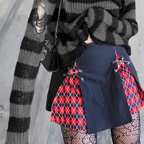 Load image into Gallery viewer, Striped Women's Crop Sweater Punk Streetwear Korean Style Hole Thin Knitted  Gothic Long Sleeve Y2k Pullover
