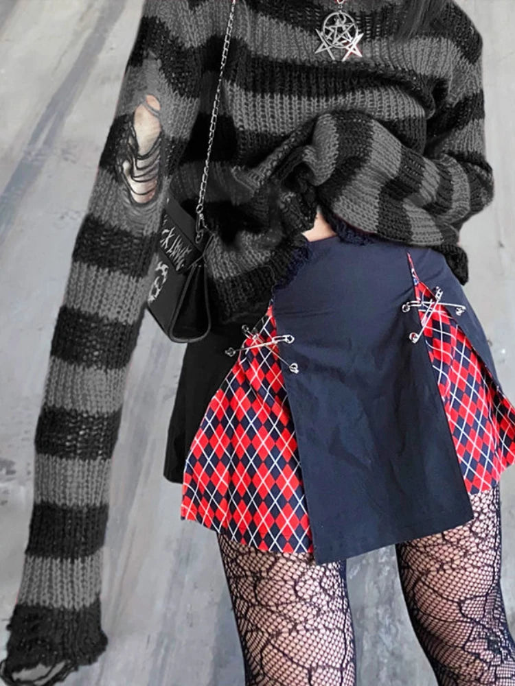 Striped Women's Crop Sweater Punk Streetwear Korean Style Hole Thin Knitted  Gothic Long Sleeve Y2k Pullover