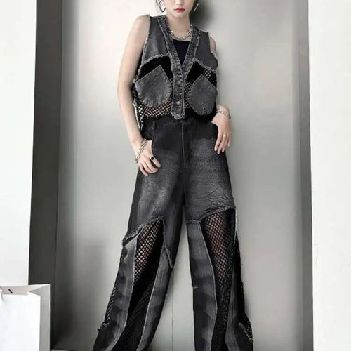 Load image into Gallery viewer, High Waist Blue Hollow Out Mesh Denim Wide Leg Jeans New Women Trousers Loose Fashion Tide Spring Autumn 2025 1DH4343
