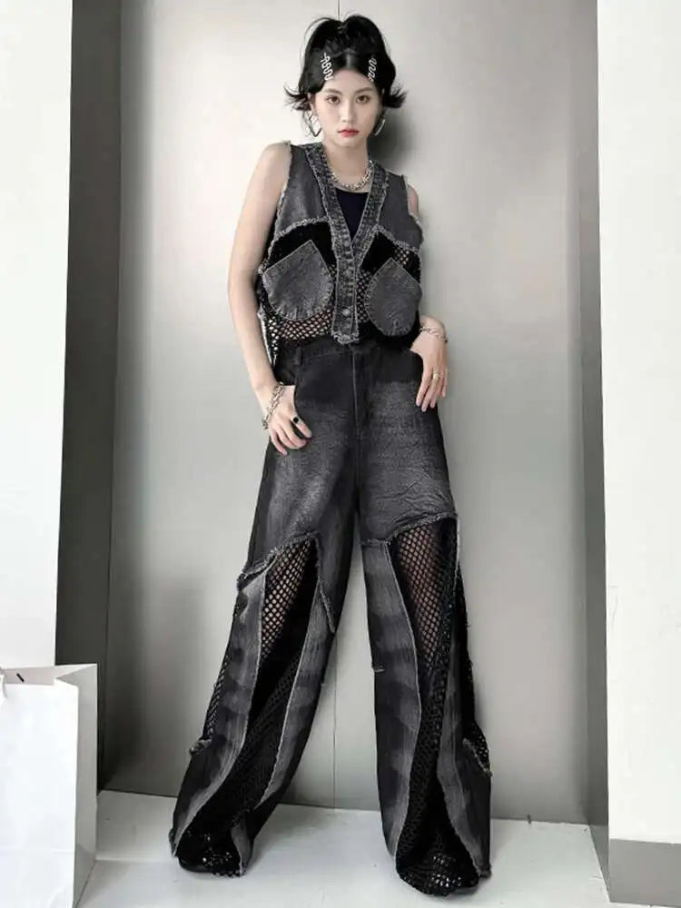 High Waist Blue Hollow Out Mesh Denim Wide Leg Jeans New Women Trousers Loose Fashion Tide Spring Autumn 2025 1DH4343