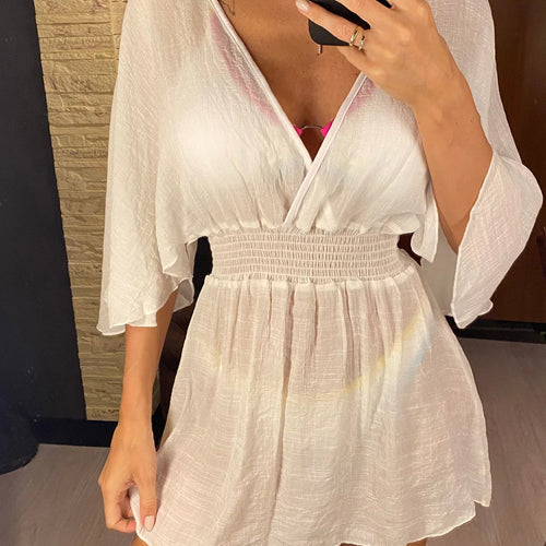 Load image into Gallery viewer, Sexy V Neck Long Sleeve Backless Chiffon Tunic Beach Cover Up Beach Cover-ups Beach Dress Beach Wear Beachwear V3840
