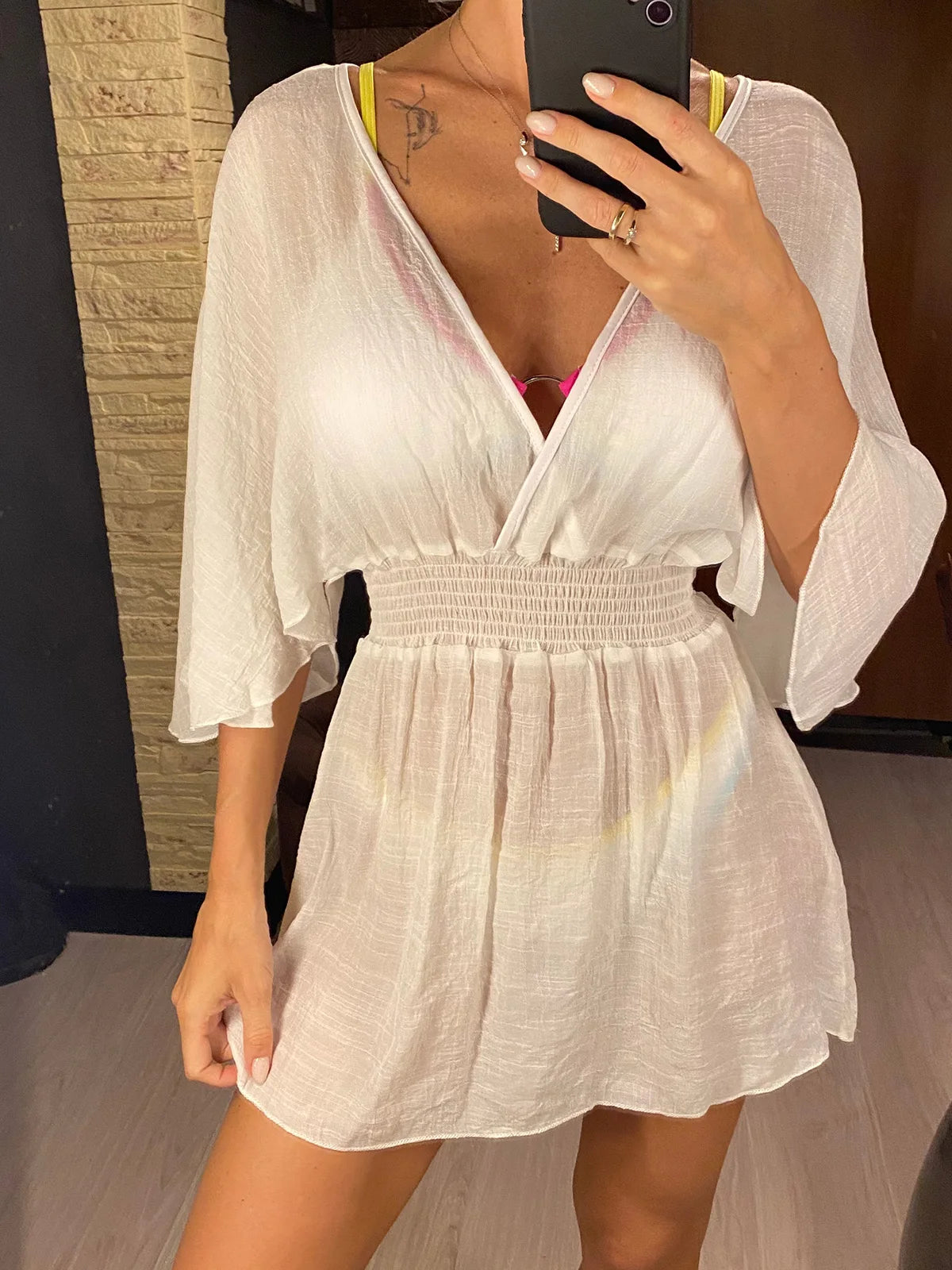 Sexy V Neck Long Sleeve Backless Chiffon Tunic Beach Cover Up Beach Cover-ups Beach Dress Beach Wear Beachwear V3840