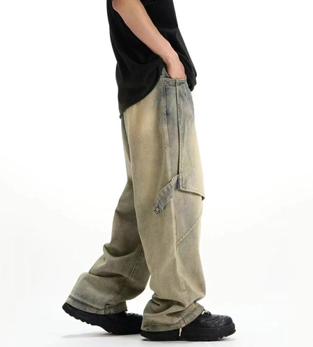 Men's Washed Denim Pants New Summer Loose Straight Leg Trendy Handsome American Style Patchwork Design Male Bottoms 9W1738