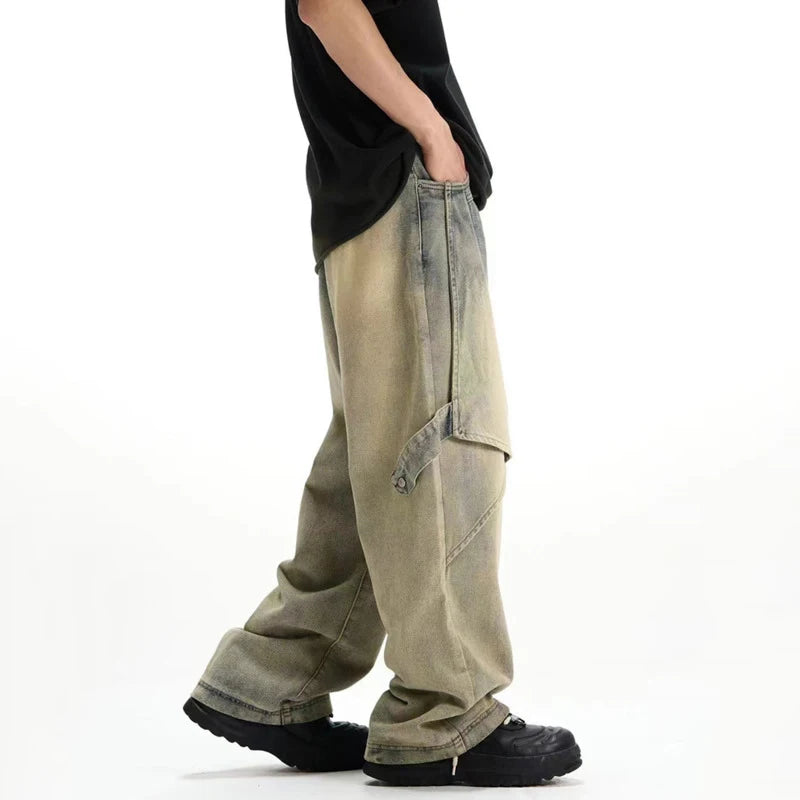 Men's Washed Denim Pants New Summer Loose Straight Leg Trendy Handsome American Style Patchwork Design Male Bottoms 9W1738